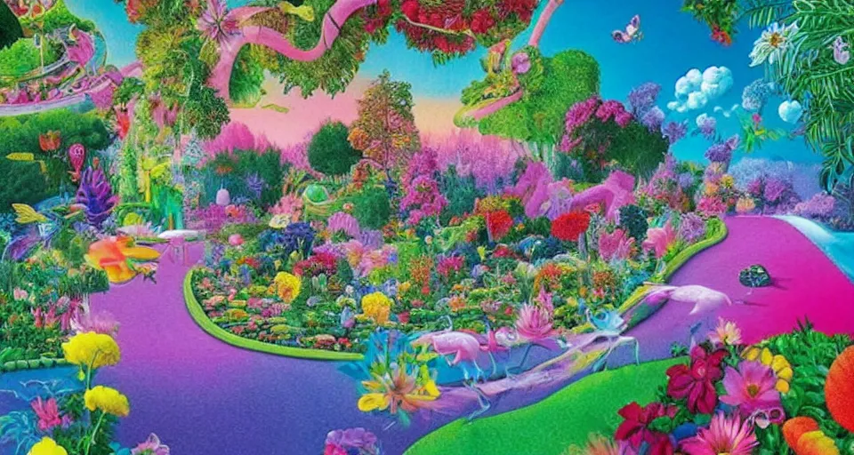 Image similar to bosch and lisa frank and beeple painting of a magnificent garden