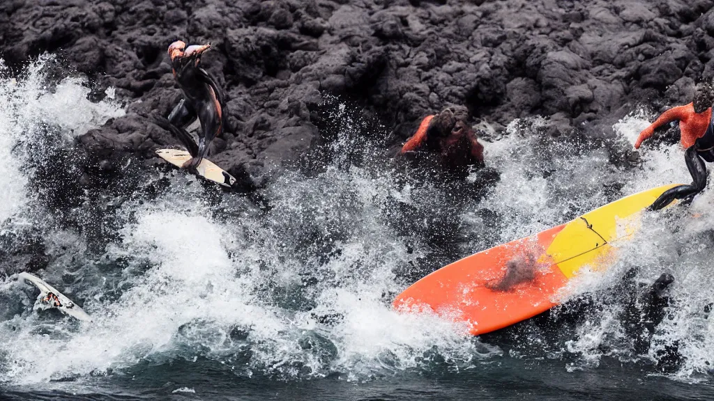 Image similar to people in suits of armor surfing down a river of lava on the side of a volcano on surfboards, action shot, dystopian, motion blur, sharp focus, cinematic