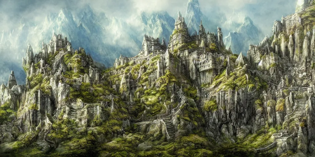 minas tirith, mountains, art deco, sense of awe, eerie