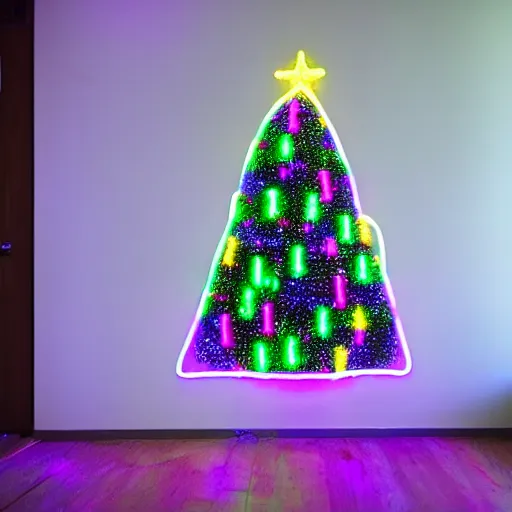 Prompt: a christmas tree made out of neon lights in a dark room, hyperrealistic photograph