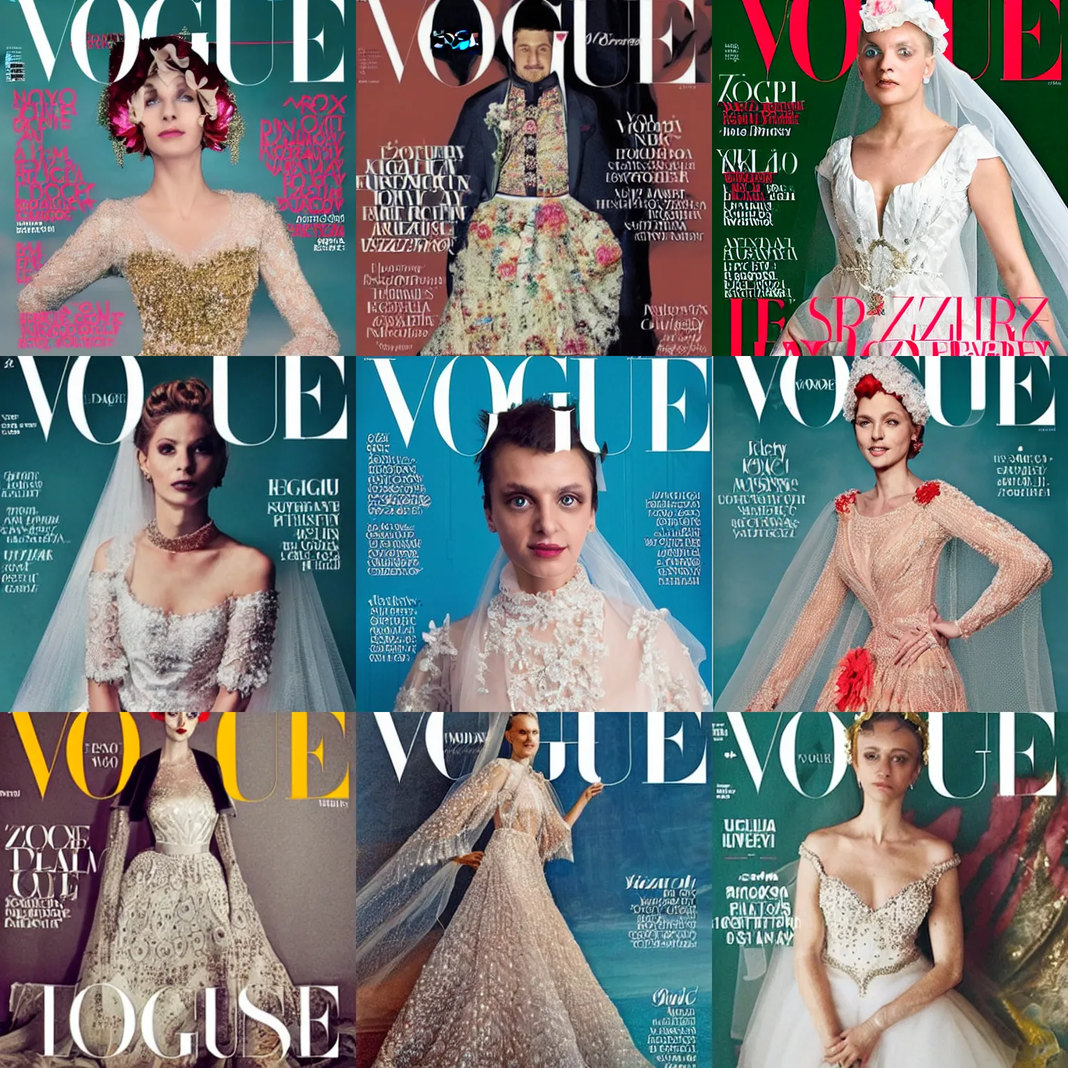 Prompt: Volodymyr Zelensky dressed in a fancy bride dress on the cover of the Vogue magazine