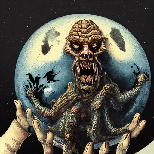 Prompt: horror creature holding planet