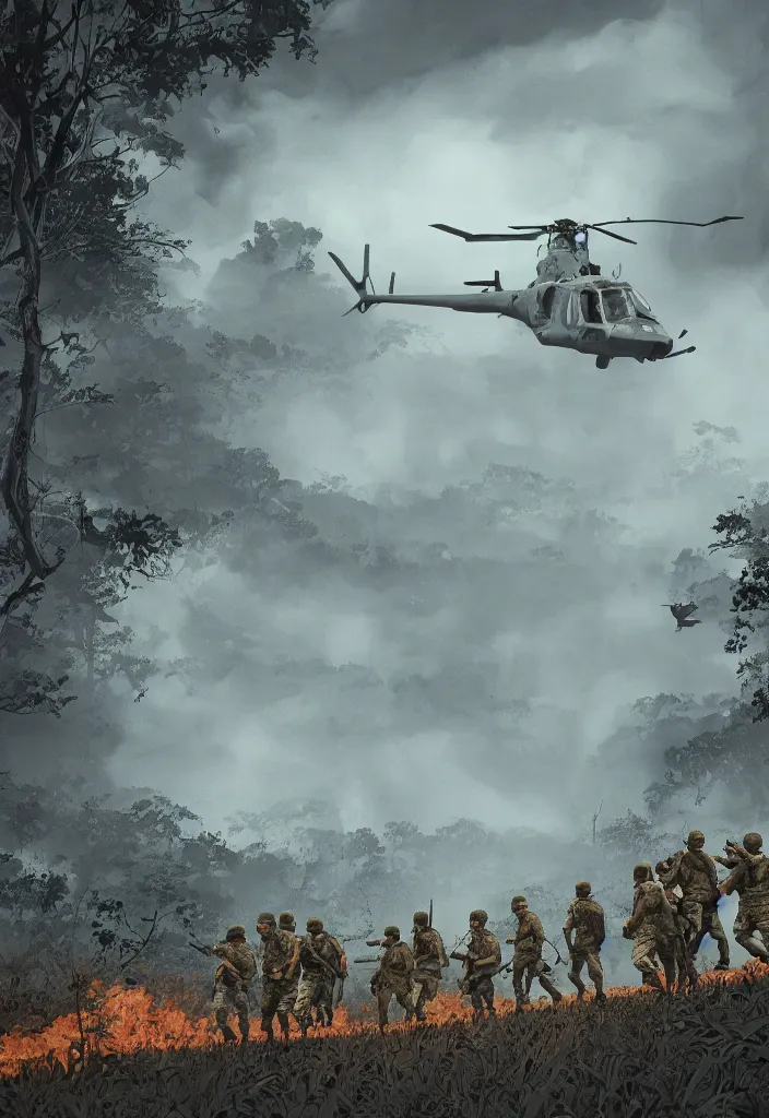 Image similar to handmade illustration of an epic Vietnam war scene with a very few american soldiers walking into the jungle, some smoke and fire, blue sky with dramatic clouds, one helicopter, line art, ballpoint, oil on canvas by Kilian Eng and by Jake Parker, heavy brushstrokes, winning-award masterpiece, fantastic, octane render, 8K HD Resolution, High quality image