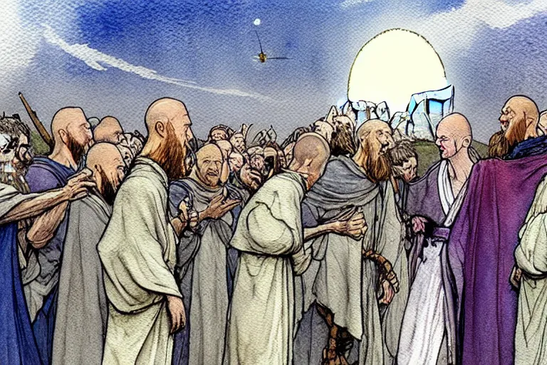 Image similar to a realistic and atmospheric watercolour fantasy character concept art portrait of a dirty chibi alien greeting a group of medieval monks in grey robes in stonehenge. a ufo is in the sky. by rebecca guay, michael kaluta, charles vess and jean moebius giraud