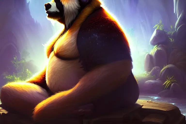 Image similar to [ important ] amazing portrait of a pandaren meditating [ / important ], hearthstone splash art, deiv calviz, splash art, natural light, elegant, intricate, fantasy, atmospheric lighting, by greg rutkowski, hearthstone splash art, hd wallpaper, ultra high details, cinematic composition