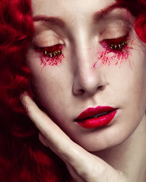 Image similar to Portrait of a European woman, close-up, high sharpness, zeiss lens, fashion photo shoot, peony flowers, red hair, red lipstick, in the background of gold, they have rhinestones on their face, Edward Buba, Annie Leibovitz, David Lazar, Jimmy Nelsson, Eiko Hosoe, artistic, hyper-realistic, beautiful face, octane rendering