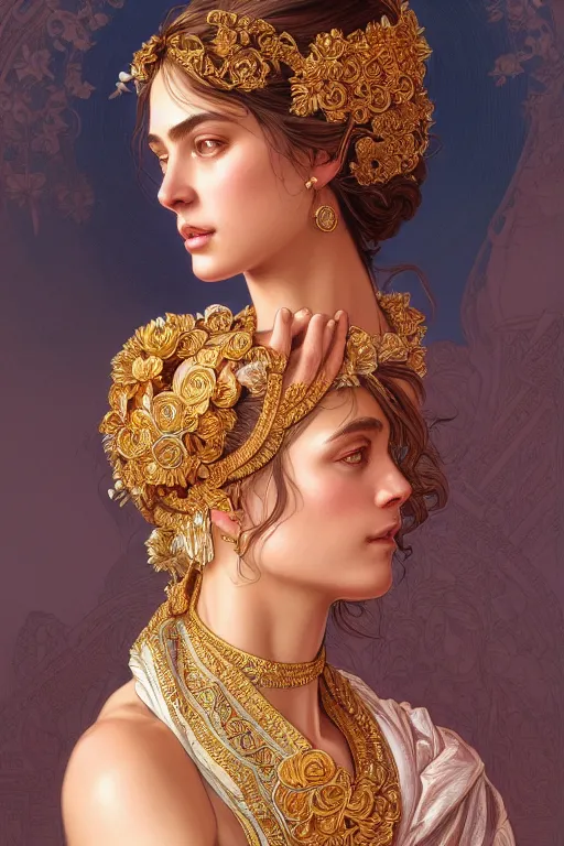 Image similar to portrait of beautiful greek goddess, wearing an ornate toga with intricate floral patterns, by terry o'neill intricate, elegant, highly detailed, digital painting, glistening skin, artstation, concept art, smooth, sharp focus, bold lighting, illustration, art by artgerm and greg rutkowski and alphonse mucha, 8 k