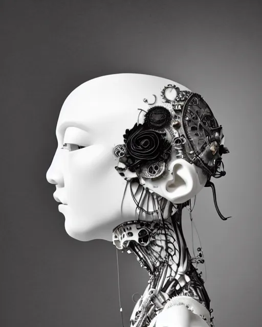 Image similar to black and white dreamy foggy profile face portrait, one steampunk eye biomechanical beautiful young female cyclope - cyborg - robot bust, body ribs meshes,, volumetric light, hibiscus flowers, by hg giger, rim light, by dora maar and cecile beaton, big gothic fashion pearl embroidered collar, 8 k