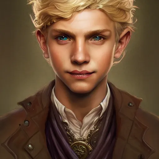 Image similar to an epic fantasy comic book style portrait painting of a young blonde boy thief, d & d, fantasy, joyful smirk, intricate, elegant, highly detailed, digital painting, artstation, concept art, matte, sharp focus, illustration, art by artgerm and greg rutkowski and alphonse mucha