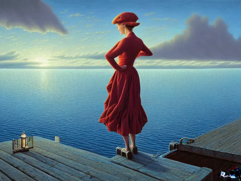 Prompt: a fancy beautiful woman standing on a wharf at the edge of a cold sea by rob gonsalves and vladimir kush and ruth deckard and gil elvgren and harry ekman and george petty and hilo chen, crisp details, hyperrealism, high detail, high contrast, low light, grey mist, cobblestones, dim lantern