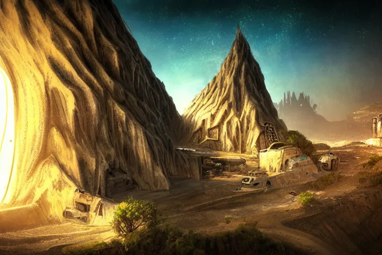 Image similar to favela spaceship cathedral bunker, desert environment, industrial factory, cliffs, peaks, bright, milky way, award winning art, epic dreamlike fantasy landscape, ultra realistic,