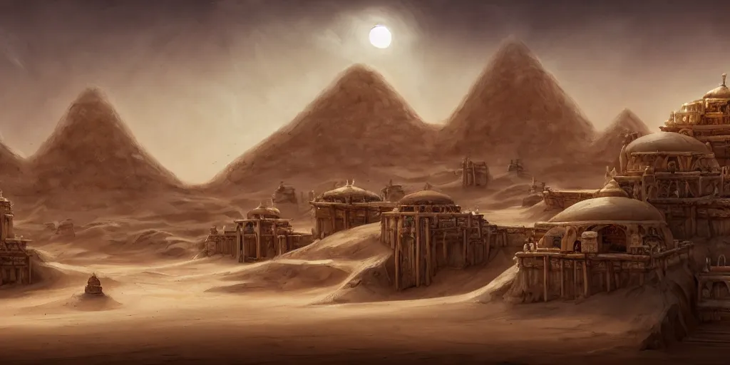 Prompt: a temple city surrounded by white sand desert dunes, merchants, camels, matte oil painting, chrome cathedrals, retrofuturistic, concept art, science fantasy, mutant, rpg, epic, rust, salt, jungle, dungeons & dragons, sharp focus, award - winning, extremely detailed, 4 k, 8 k