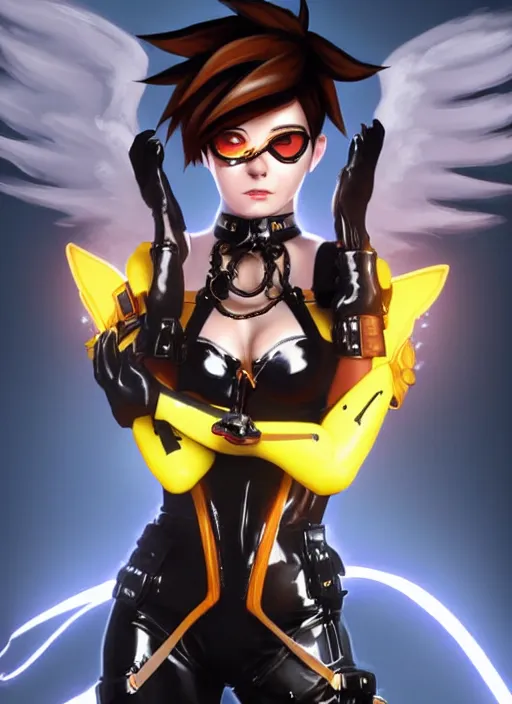 Image similar to full body artwork of tracer overwatch, wearing black latex outfit, in style of mark arian, angel wings, dramatic painting, wearing detailed leather collar, black shiny armor, chains, black harness, detailed face and eyes,