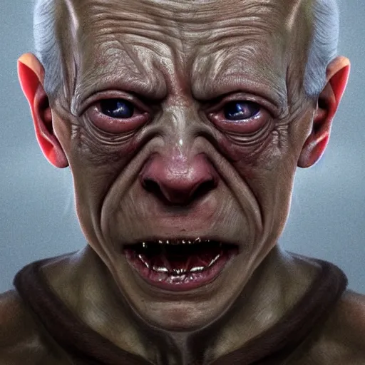 Image similar to hyperrealistic mixed media high resolution image of (Joe Biden) Gollum from Lord of the Rings in a dark cave, stunning 3d render inspired art by Jamie Salmon and István Sándorfi and Unreal Engine and Greg Rutkowski, perfect facial symmetry, realistic flesh, dim volumetric lighting, 8k octane beautifully detailed render, full body shot, post-processing, extremely hyper-detailed, intricate, epic composition, highly detailed attributes, highly detailed atmosphere, cinematic lighting, masterpiece, trending on artstation, very very detailed, masterpiece, stunning, flawless completion, lifelike texture, perfection,