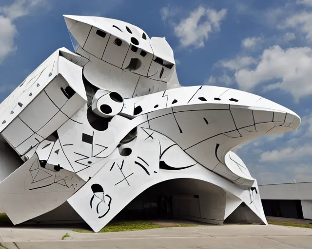 Image similar to photo of minimalist abstract cubist sculpture of curvy spaceship with random small mecha mayan decorations, covered with few large white airplane parts with windows and doors, as a relief mural