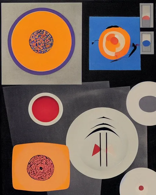 Prompt: Ziggy Stardust era David Bowie at rotating sushi restaurant, plates of sushi, chopsticks and beer, minimalist geometric abstract art in the style of Hilma af Klint