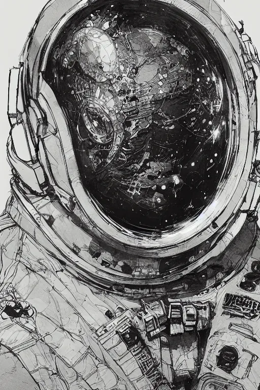 Image similar to portrait of an astronaut, pen and ink, intricate line drawings, by craig mullins, ruan jia, kentaro miura, greg rutkowski