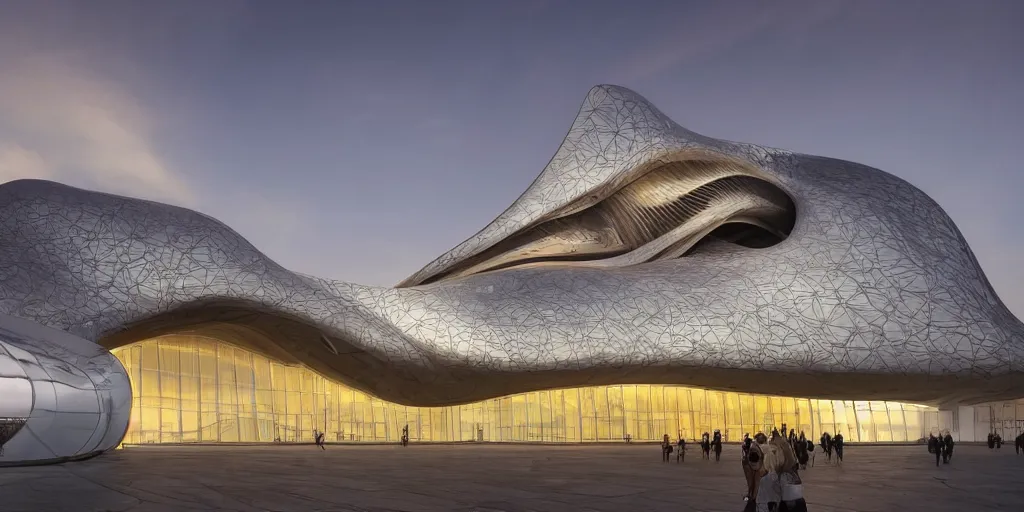 Image similar to extremely detailed ornate stunning sophisticated beautiful elegant futuristic museum exterior by Zaha Hadid, stunning volumetric light, stainless steal, concrete, translucent material, beautiful sunset, tail lights