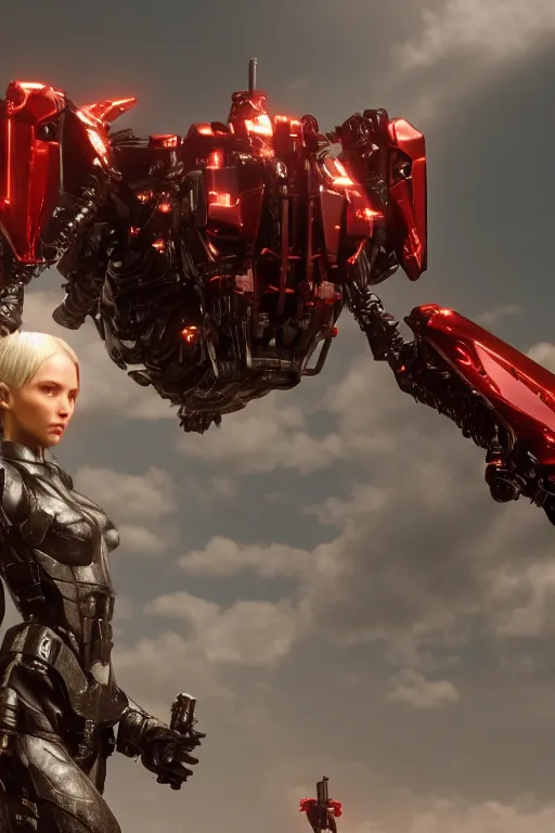 Image similar to a cinematic still from Westworld, red mech, armored core, octane render, nvidia raytracing demo, masterpiece