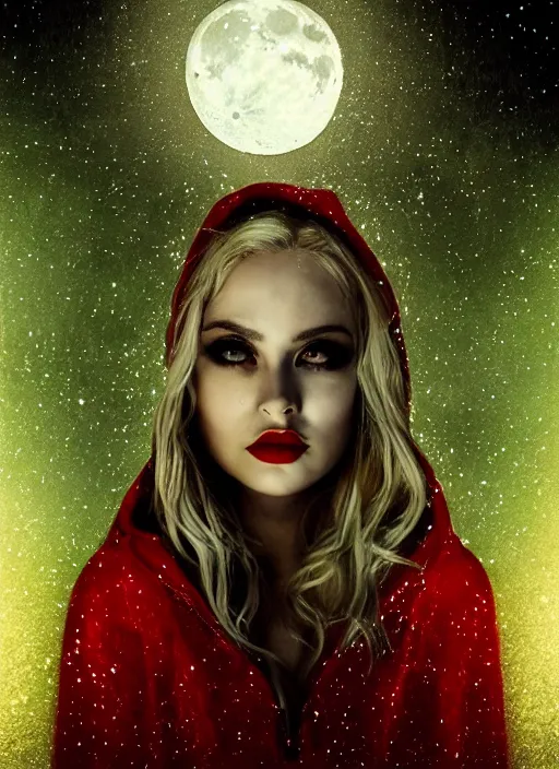 Image similar to glowing silver and golden elements, full close-up portrait, young woman with magical eyes, red lipstick, blonde hair, hood, as a dark witch in front of the full big moon, book cover, green forest, red white black colors, establishing shot, extremly high detail, foto realistic, cinematic lighting, pen and ink, intricate line drawings, by Yoshitaka Amano, Ruan Jia, Kentaro Miura, Artgerm, post processed, concept art, artstation, matte painting, style by eddie, raphael lacoste, alex ross