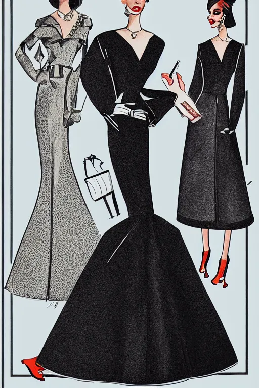 Image similar to a detailed high fashion couture illustration of a mid - century outfit