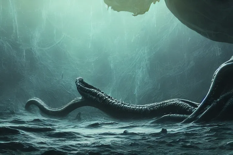 Image similar to dark underwater alien ocean, squidlike aliens, hyper realistic, ambient lighting, concept art, intricate, hyper detailed, smooth, dynamic volumetric lighting, octane, raytrace, cinematic, high quality, high resolution, 4 k, cgsociety, rutkowski, gurney, giger