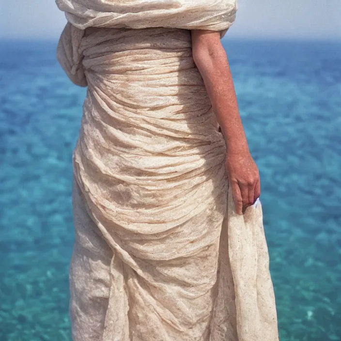 Prompt: closeup portrait of a woman wrapped in bio fabric, standing on shore of zakynthos greece, color photograph, by vincent desiderio, canon eos c 3 0 0, ƒ 1. 8, 3 5 mm, 8 k, medium - format print