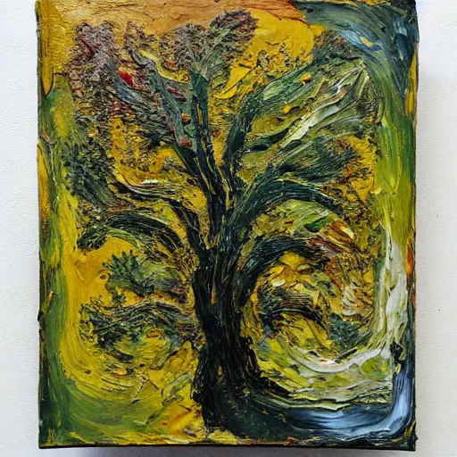 Image similar to oil paint impasto relief, tree in a field, multi layered abstract texture thick brush marks, some splattered paint, in the style of monet and frank auerbach