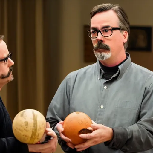 Image similar to vince gilligan holding giving two balls to thomas schnauz