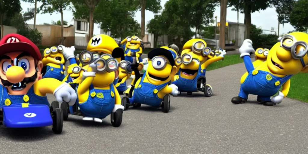 Prompt: mario kart with minions