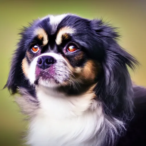 Prompt: animation key shot of black tibetan spaniel, dramatic lighting