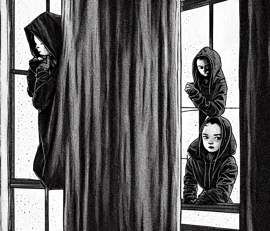 Image similar to sadie sink in hoodie sits on windowsill, knees tucked in | rain falls at night : storyboard, scifi cyberpunk. by chris bonura, joe alves, gabriel hardman. cinematic atmosphere, detailed and intricate, perfect anatomy