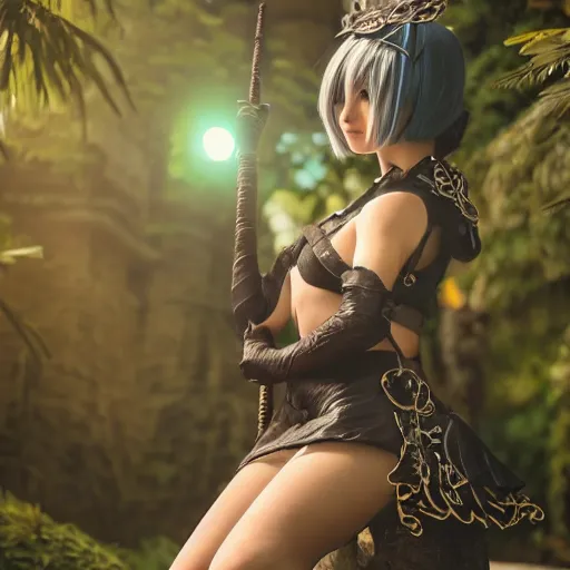 Image similar to a closeup photorealistic capture of 2 b nier auomata cosplay. tiki theme. bright scene. fine detail. this 4 k hd image is trending on artstation, featured on behance, well - rendered, extra crisp, features intricate detail, epic composition and the style of unreal engine.