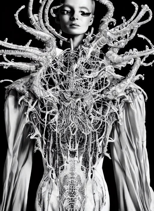 Image similar to walking down the catwalk, ben watts, show, stage, vogue photo, podium, fashion show photo, historical baroque dress dark, iris van herpen, beautiful woman, masterpiece, intricate, biopunk, vogue, full body shot, alien, plant predator, guyver, jellyfish, white biomechanical details, highly detailed