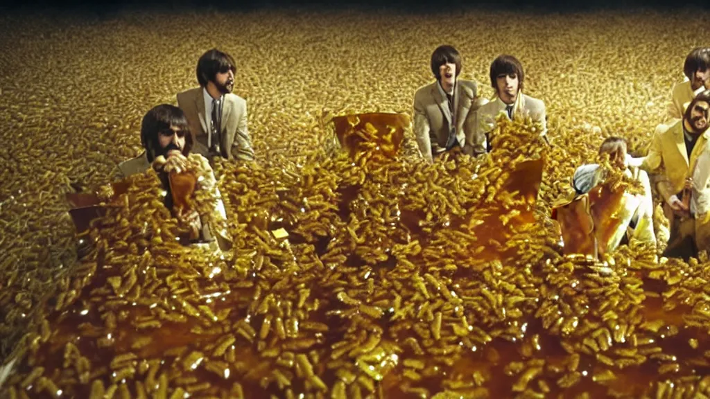 Image similar to The Beatles!!! drowning in honey! in a large honey jar, film still from the movie directed by Denis Villeneuve with art direction by Salvador Dalí, wide lens