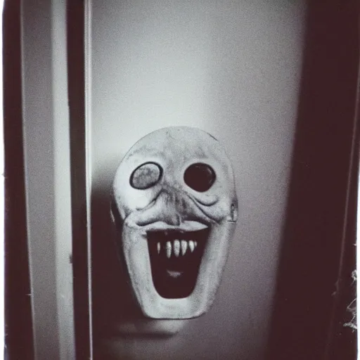 Prompt: Polaroid of a creepy smiling silent hill monster peeking into my childhood bedroom door