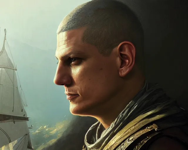 Prompt: highly detailed portrait of wentworth miller as altair, in assassin's creed, stephen bliss, unreal engine, fantasy art by greg rutkowski, loish, rhads, ferdinand knab, makoto shinkai and lois van baarle, ilya kuvshinov, rossdraws, tom bagshaw, global illumination, radiant light, detailed and intricate environment