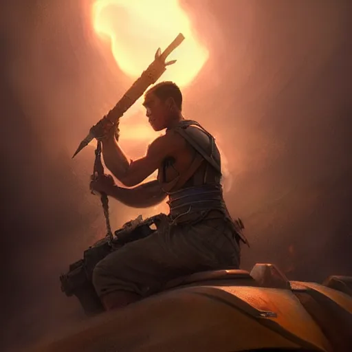 Image similar to side profile of a filipino man sitting on a tank wielding a scepter, highly detailed, d & d, fantasy digital painting, trending on artstation, concept art, sharp focus, illustration, volumetric light, intricate, matte, art by artgerm and greg rutkowski