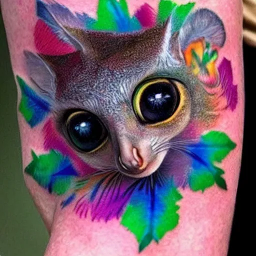 Prompt: shoulder tattoo of a multicolored trippy bushbaby with rainbow colored spiral eyes, long fur in rainbow colors, surrounded with colorful leaves and flowers, insanely integrate