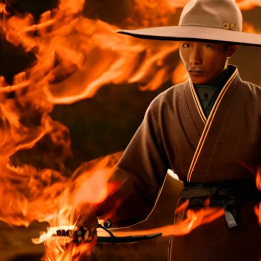 Image similar to cinematic film still Pharrell Williams starring as a Samurai holding fire, Japanese CGI, VFX, 2003, 40mm lens, shallow depth of field,film photography