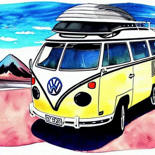 Image similar to fisheye perspective caricature watercolor painting of a vw volkswagen bus, bulli, type - 2, microbus, kombi from pixars cars with eyes instead of a windshield flying towards the camera, jumping at the viewer doors fully open, luggage in the air, dynamic action shot, fish eye lense, frontal, huge vulcano is seen in the background