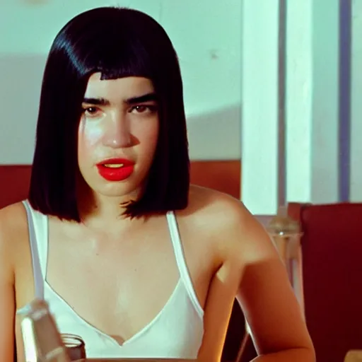 Image similar to Live Action Still of Dua Lipa in Pulp Fiction, real life, hyperrealistic, ultra realistic, realistic, highly detailed, HD quality, 8k resolution, film still