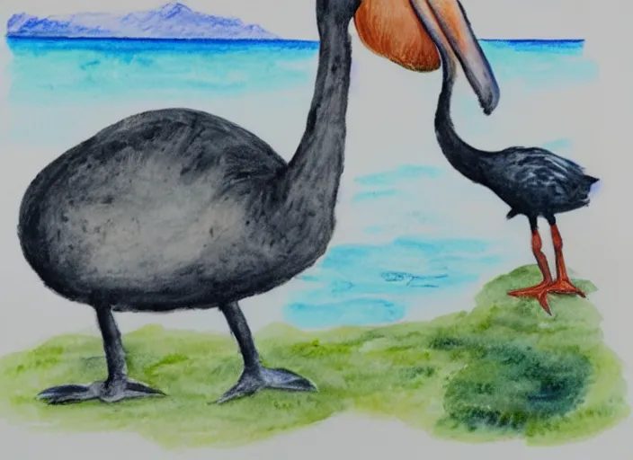 Prompt: a water color drawing of a dodo bird on a tropical island