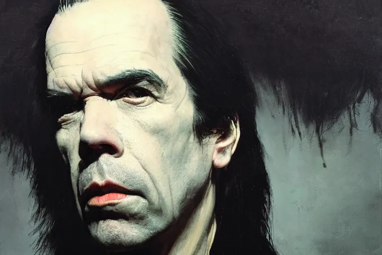Image similar to a portrait of nick cave, masterpiece, dramatic lighting, painting by caravaggio and ruan jia and jakub rebelka and basil gogos