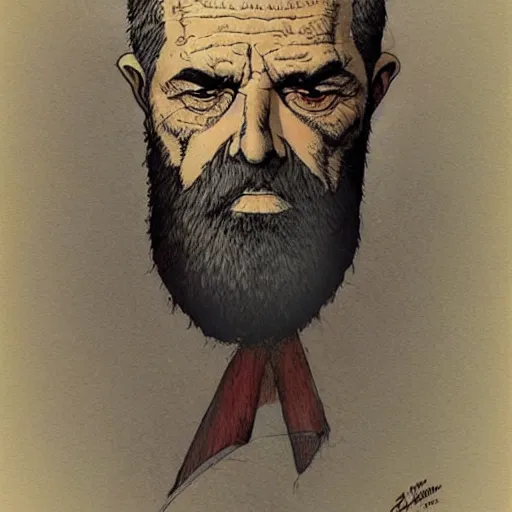 Prompt: a stunning render of a middle aged man with a greying beard by enki bilal and jean giraud moebius