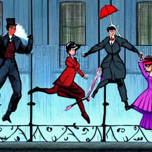 Prompt: a still of from the movie mary poppins crossover with the game streets of rage 2