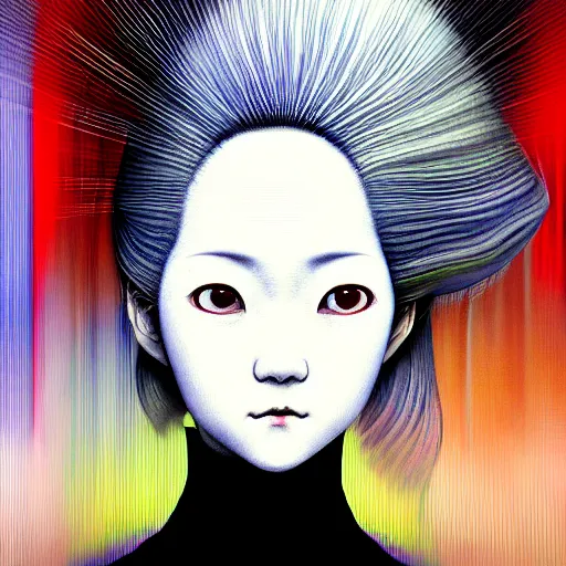 Image similar to yoshitaka amano blurred and dreamy realistic three quarter angle portrait of a young woman with white hair and black eyes wearing dress suit with tie, junji ito abstract patterns in the background, satoshi kon anime, chungking express color palette, noisy film grain effect, highly detailed, renaissance oil painting, weird portrait angle, blurred lost edges