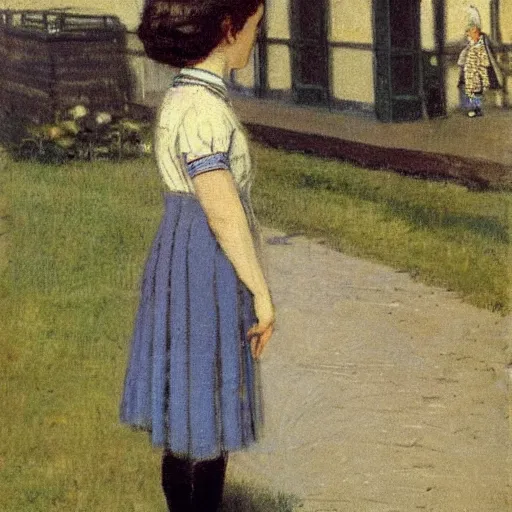 Image similar to Kinetic sculpture. A young girl stands in the center of the frame, looking off to the side. She wears a school uniform with a short skirt and a striped shirt. The background is a vivid, with wavy lines running through it. pale indigo by Frits Thaulow cosy