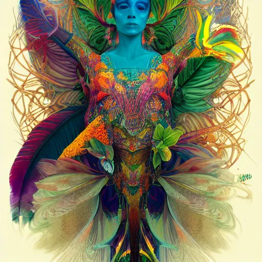 Image similar to A reality bending psychedelic ayahuasca experience, colorful, distorted, surreal, tropical bird feathers, dramatic lighting on the face, intricate, elegant, highly detailed, digital painting, concept art, smooth, sharp focus, illustration, art by Krenz Cushart and Wayne Barlowe and alphonse mucha