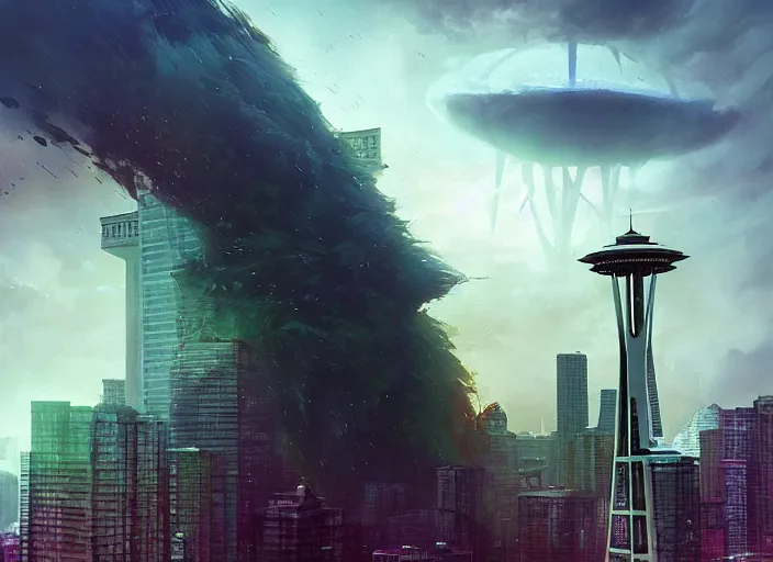 Image similar to seattle being attacked by a giant, by beeple and maciej kuciara and greg rutkowski